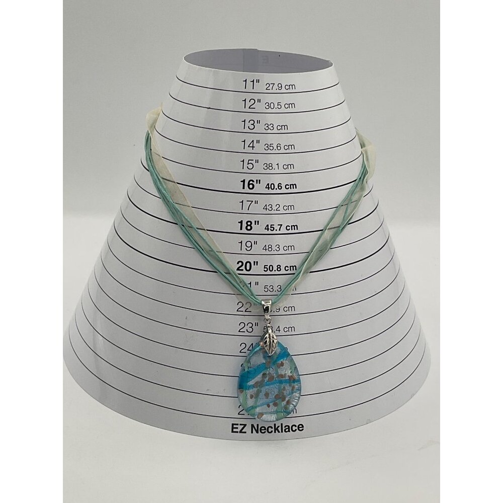 Blue Turquoise Glass Teardrop Pendant Necklace On Organza Ribbon Chain - Picture 4 of 4